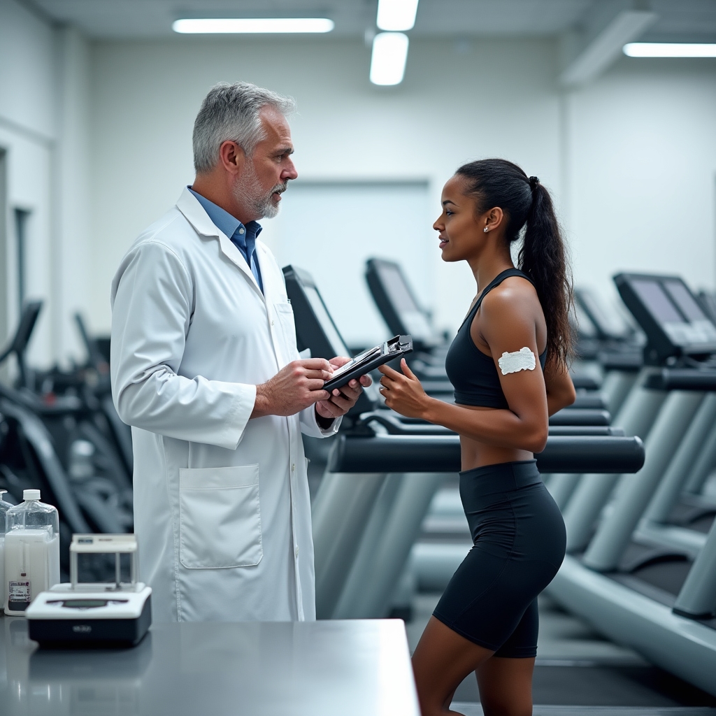 Sports scientist measuring sweat rate of an athlete in a lab environment, with measurement equipment and clipboards visible