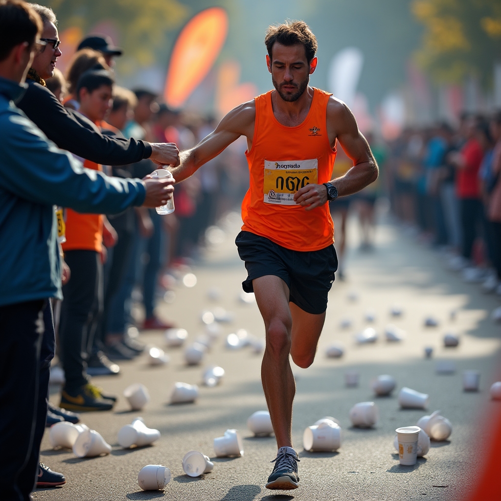 Marathon runner at a water station taking a cup of water during a road race, photographed from a low angle with crowd in background