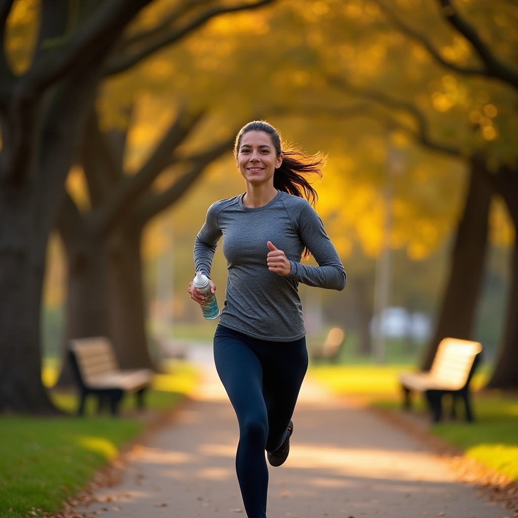 Recreational runner in casual athletic wear jogging through an urban park in morning light, photographed from the side at medium distance