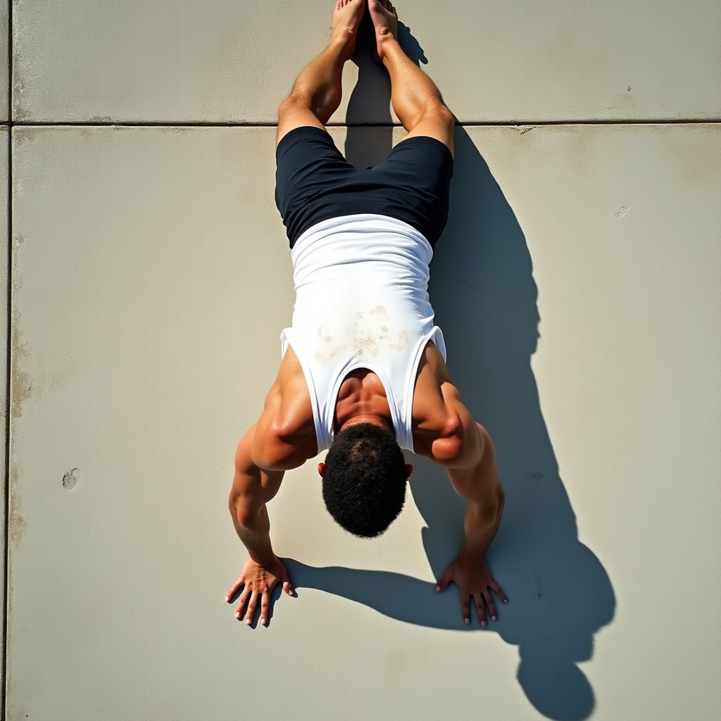 Person doing outdoor exercise on a warm day, visible sweat on clothing, photographed from above against a concrete surface